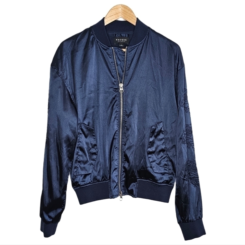 PacSun floral navy blue embroidered satin lined full zip jacket size sma…